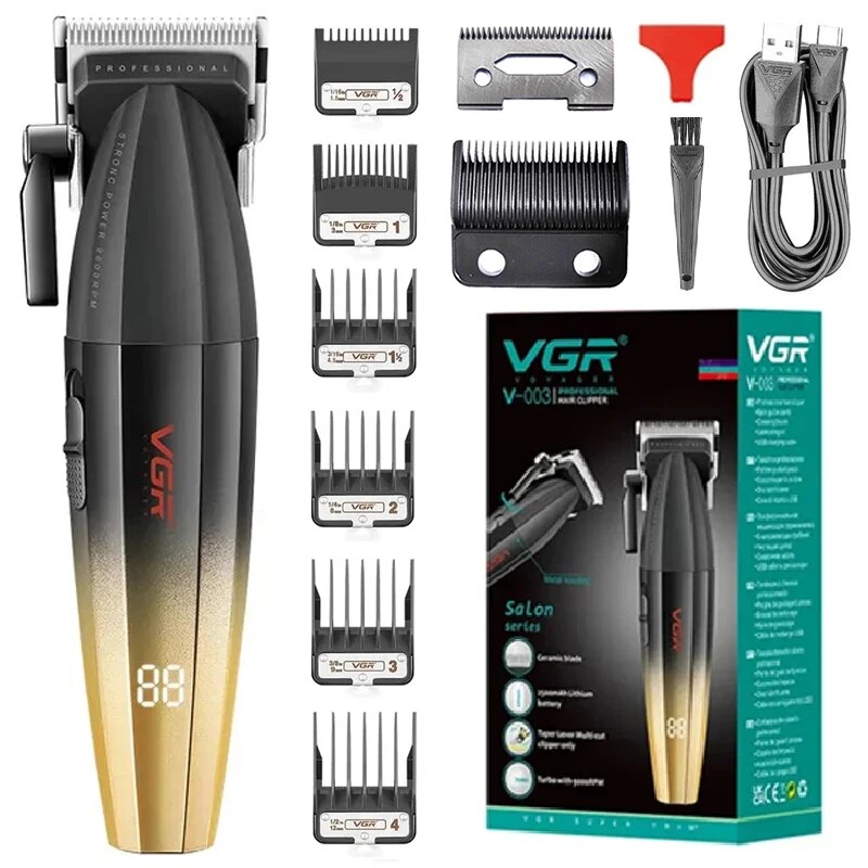 VGR Metal Professional 9000RPM Men's Clipper 8W Rechargeable Hair Trimmer For Men Cordless Barber Electric Haircut