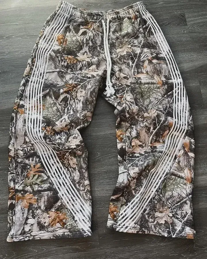 Calças masculinas Y2k bordadas cinza casual camuflagem funcional tática feminina premium jogging com cordão calças de moletom_voghion.com