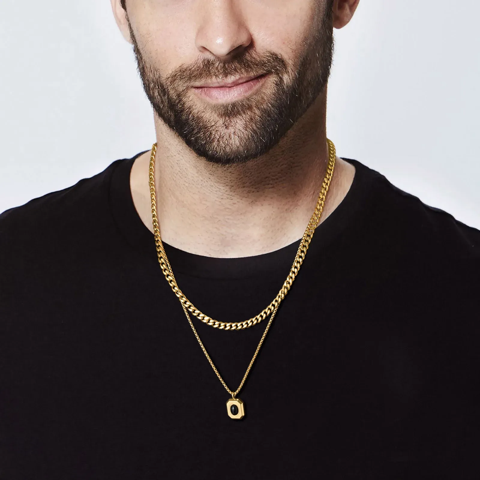 Collana quadrata nera elegante per uomo in oro giallo 14k con catena cubana a forma di scatola Figaro, colore dorato, a doppio strato_voghion.com