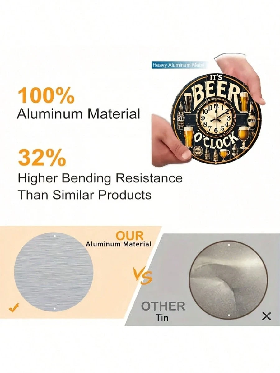 1 plaque en aluminium « Horloge à bière », idéale pour décorer une chambre, un mur, une salle de bain, un bar, un café, un garage, une villa ou toute autre pièce. Dimensions : 19,8 x 19,8 cm._voghion.com