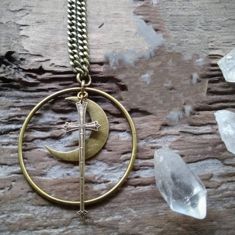 Necklaces Gothic sword and moon necklace_voghion.com