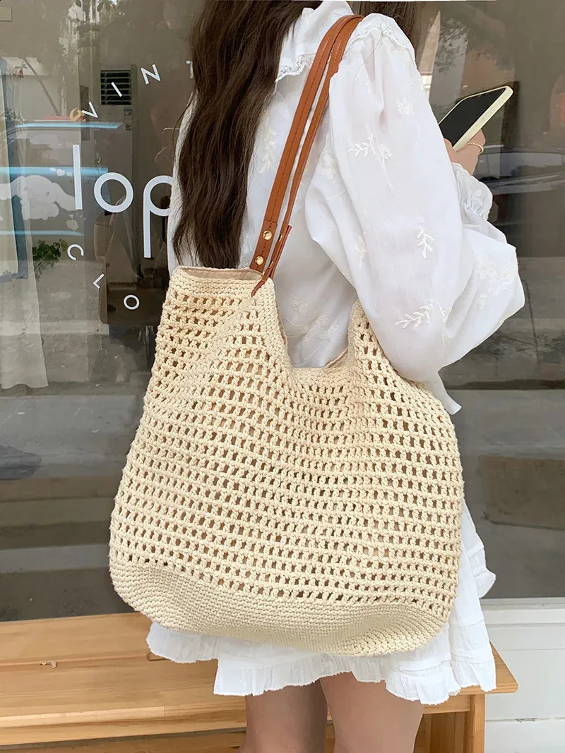 Sac à bandoulière de plage creux tissé grande capacité vacances portable affaires loisirs shopping simple joker haut sens_voghion.com