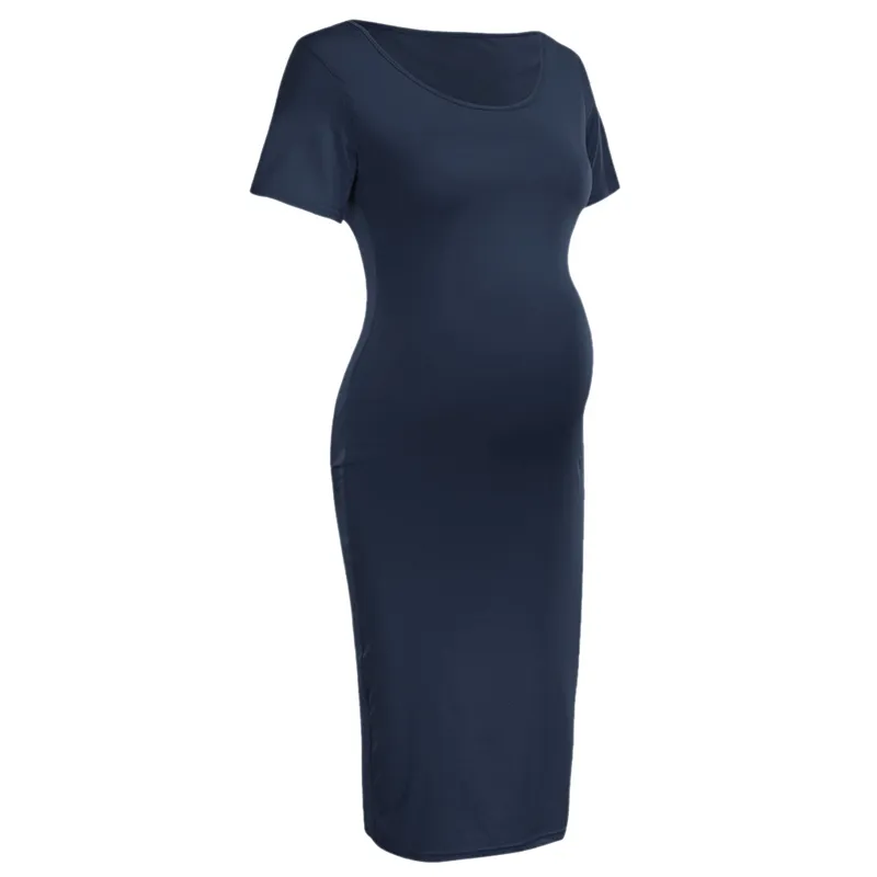 bunvel Sommer Bodycon Gravide Kvinner Sommerkjoler Ensfargede Mammaklær Kortermede Graviditetskjoler Premama Wear_voghion.com