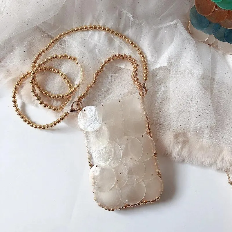 Borse da sera fatte a mano intrecciate con conchiglia rotonda, a tracolla, con paillettes, a catena, a tracolla, da donna, per telefono, portafoglio, pochette da festa_voghion.com
