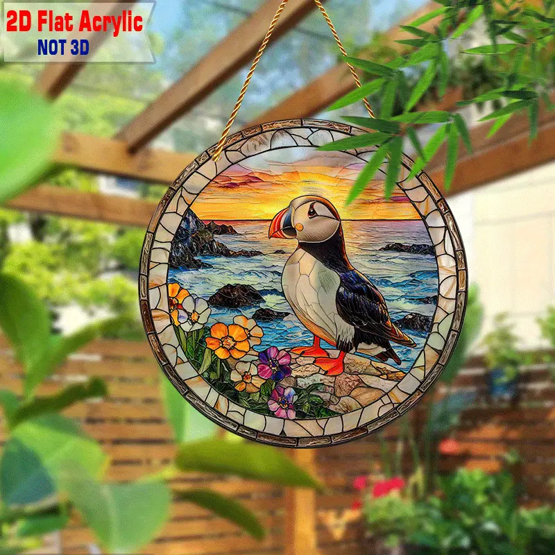 8" Puffin Suncatcher - rannikuteemaline 2D akrüüldekoor. Ideaalne verandale/kabinetti/elutuppa. Erksavärviline õueaktsent. Ideaalne kingitus linnusõpradele._voghion.com