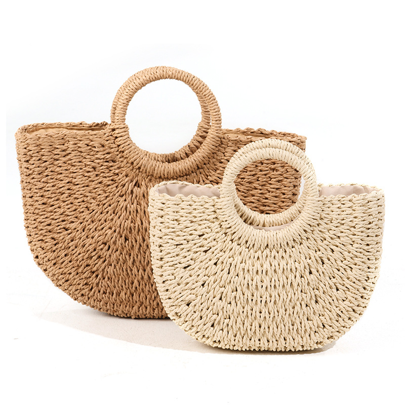 Simple and versatile hand-held semi-circular straw bag new large-capacity woven bag holiday style beach bag hand-held vegetable basket_viptrois.com