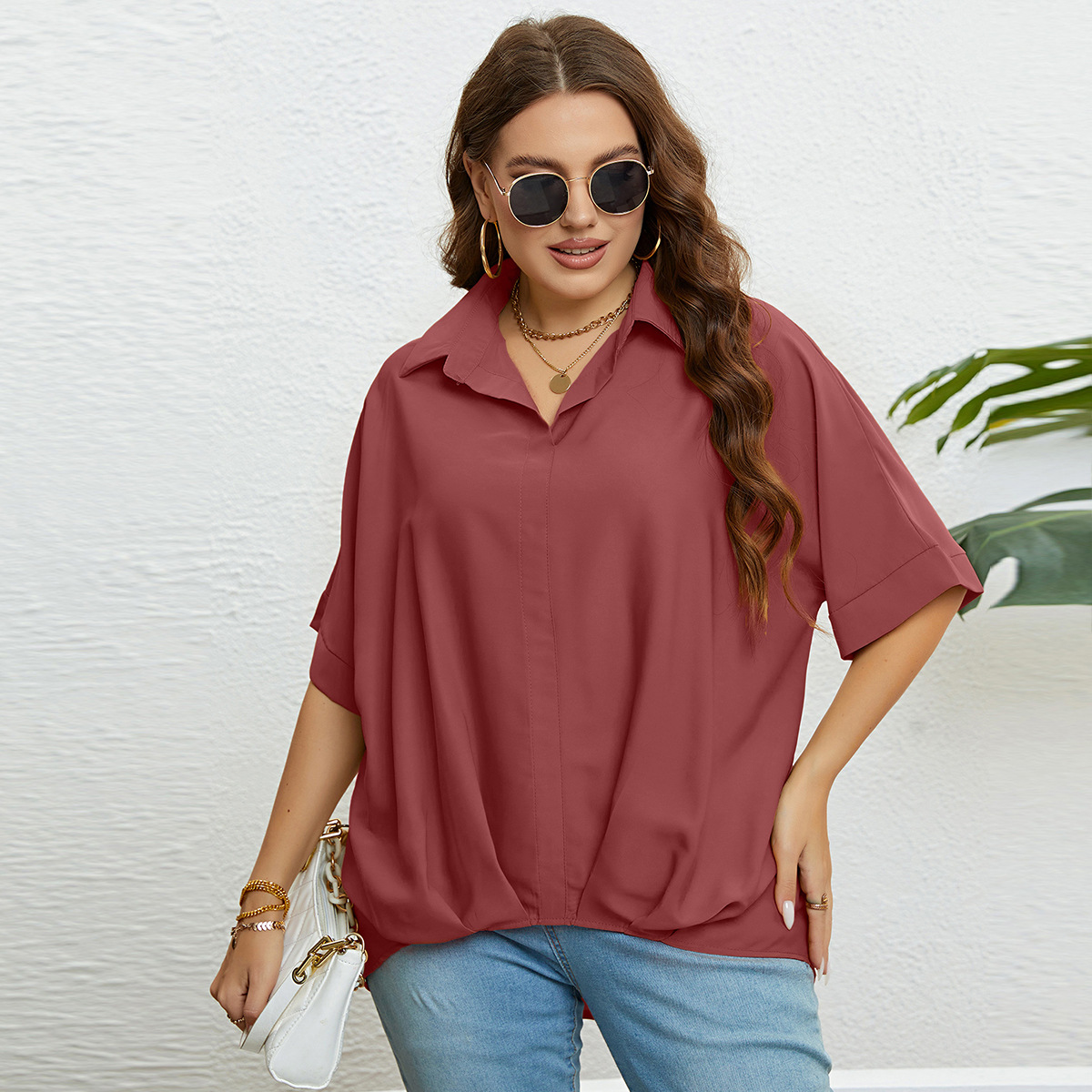 Topuri pentru femei, cu decolteu în V, slim fit și mâneci în cinci puncte, mărimi mari_voghion.com