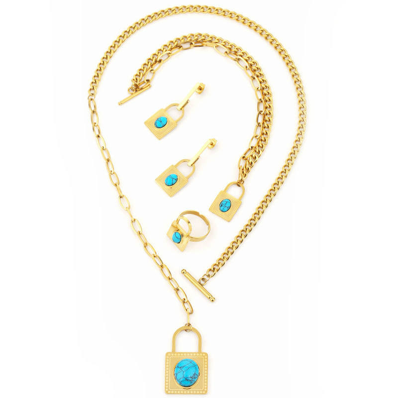 Gute, nuovo design alla moda, collana con lucchetto turchese blu, bracciale in acciaio al titanio, set di quattro gioielli resistenti alla luce_voghion.com