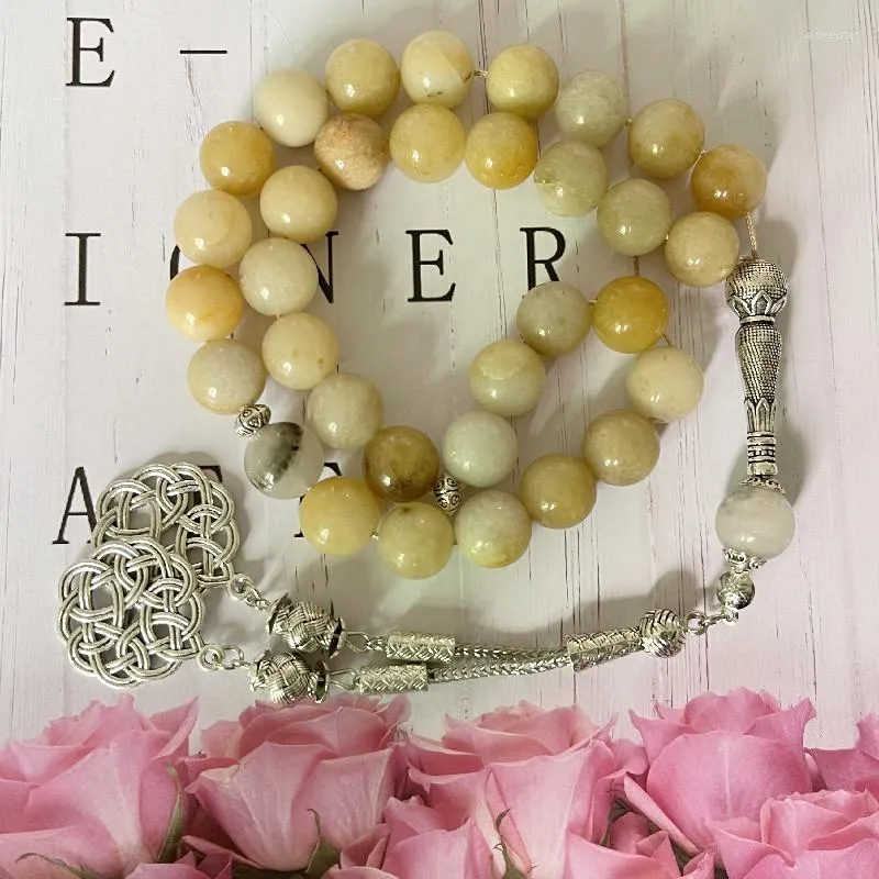 Ketten 33 reine natürliche 12mm alte gelbe Jade Muslimische Perlen Armband Islamisches Chanting Tasbeeh Tasbih_voghion.com