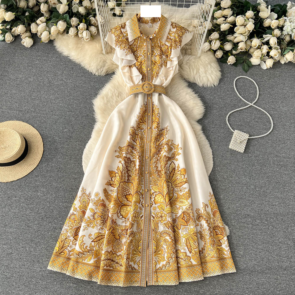 Women's fashion waist waist court style sleeveless printed dress