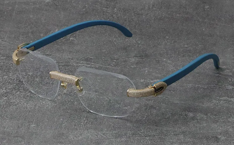 2022 Nuovo Nero Mix Bianco Montature in Corno di Bufalo Occhiali da Sole in Legno Senza Montatura con Diamanti incastonati Occhiali da Uomo Donna con Decorazione C Rocce_voghion.com