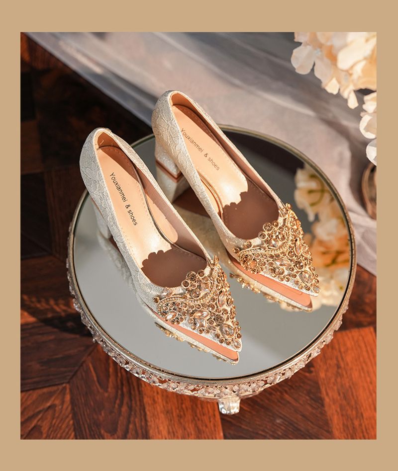 6555F-007 Dia Pointed Thick Women's High Heels Sequin Dress Red Wedding Bridal Single Shoes Goddess_voghion.com
