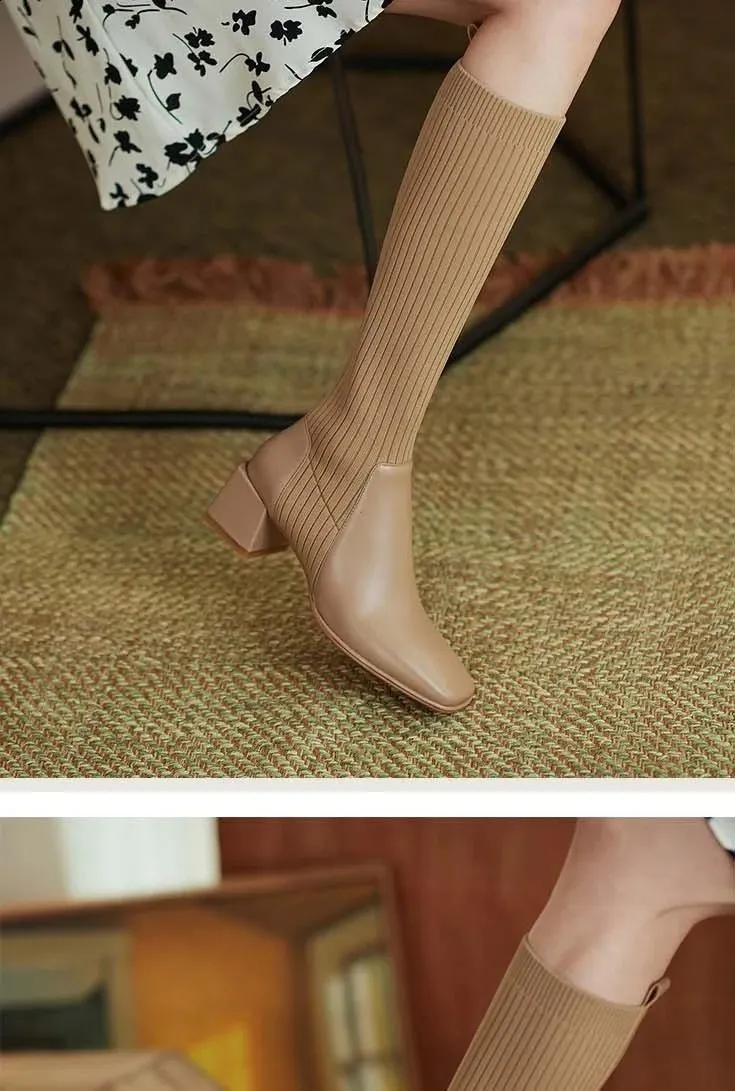 Knee Thick High Socks Winter Womens Long Boots Elegant Autumn Brown Wedge Elastic 241116_voghion.com