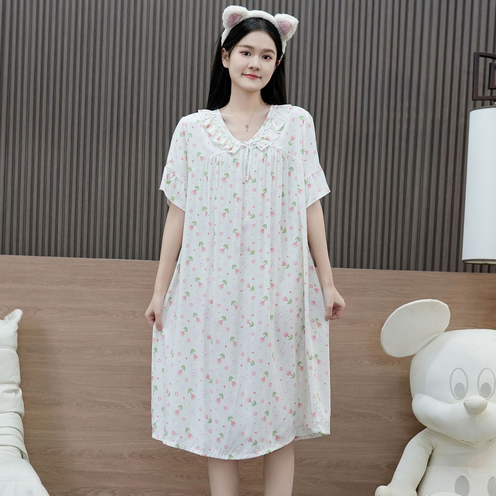 Pigiami da donna Camicia da notte in cotone e seta, da donna, stampata, con piccoli fiori, a maniche corte, da casa, sottile_voghion.com