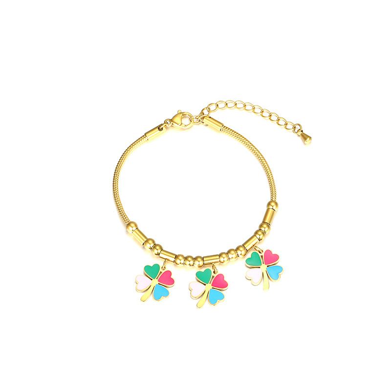Bracciale personalizzato in acciaio inossidabile placcato oro con ciondolo a forma di quadrifoglio Dripping Love_voghion.com