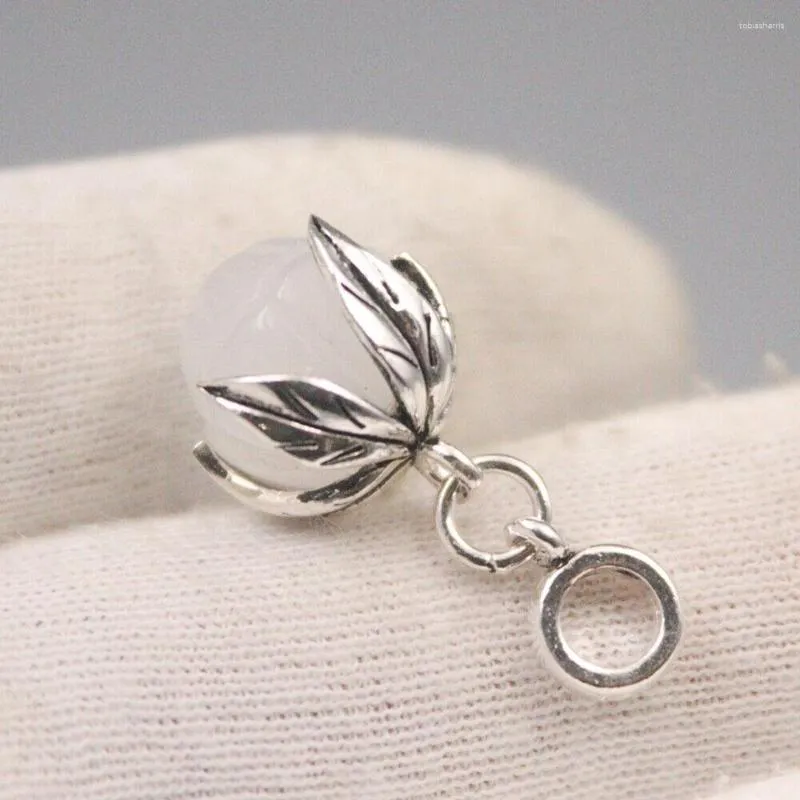 Ketten Anhänger Lotus aus reinem Sterlingsilber, Sier weißer Jade, 3,8 cm hoch, mit Kette, 50,8 cm lang_voghion.com