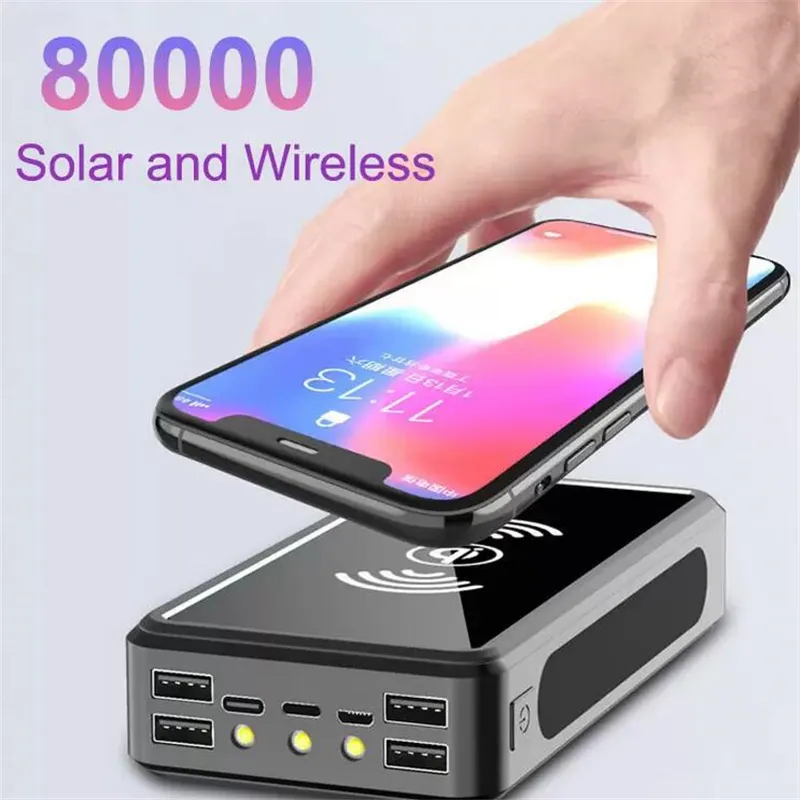 Banco de energía solar inalámbrico de 80000 mAh, portátil, de carga rápida, con 4 puertos USB y LED._voghion.com