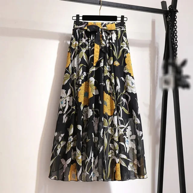 Vente chaude Femmes Bohème Fleur Longue Été Plage Sunny Jupes Floral Bow Mousseline De Soie Taille Haute Jupe Loisirs vacances robe_voghion.com