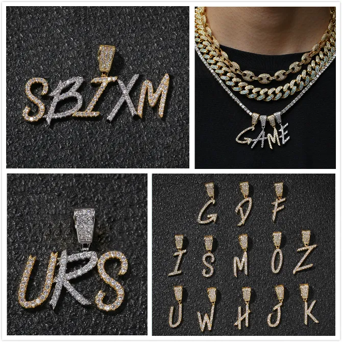 New Fashion personalized Gold Bling Diamond Cursive A-Z Initial Letters Custom Name Pendant Necklace DIY Letter Jewelry_voghion.com