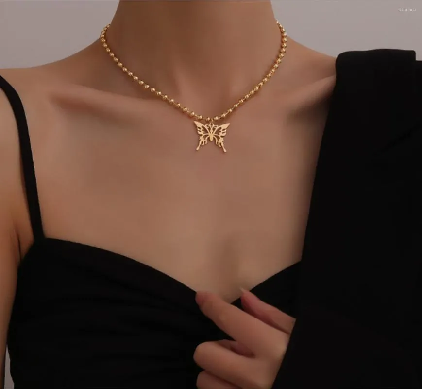 Ketten Einfache Aushöhlen Schmetterling Anhänger Runde Perlenkette Titan Stahl Halskette Für Frauen Modeschmuck_voghion.com