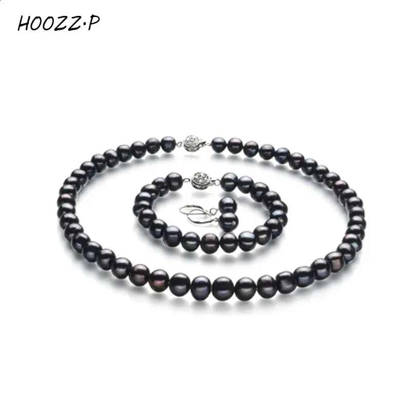 HOOZZP Seturi de bijuterii cu apă dulce, colier, brățară, cercei, set pentru femei, cadou, 910mm, perle albe negre, 240119_voghion.com