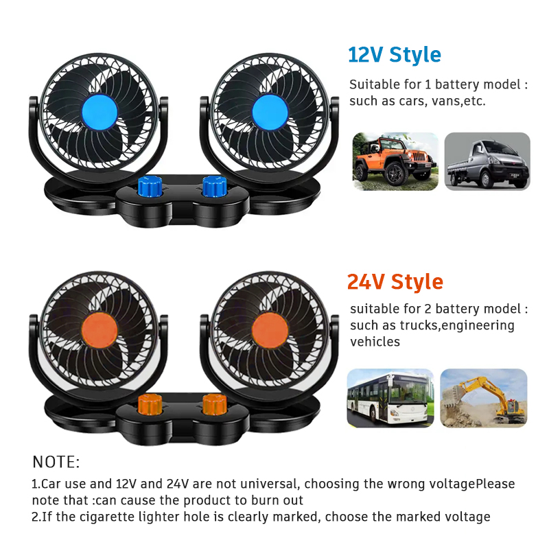 Ventilatore a doppia testa per auto da 12 V e 24 V, 5 pollici, elettrico, a 3 foglie, girevole a 360°, portatile, silenzioso, con vento forte_voghion.com