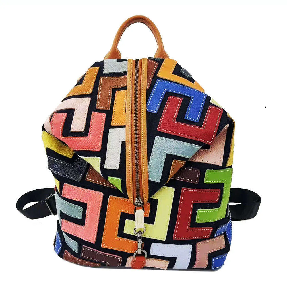 Vintage Lederrucksack Für Damen Bunter Patchwork Reise Rucksack_voghion.com