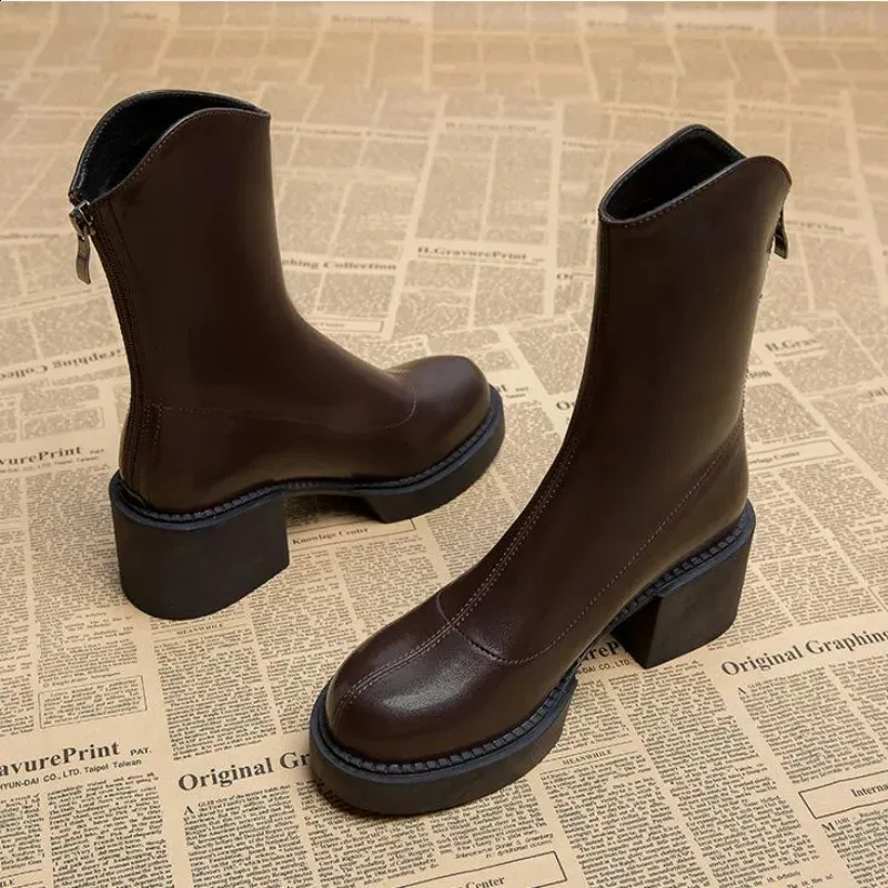 High ankle work very high heels brown short and chubby platform womens waterproof boots black Pu 240911_voghion.com
