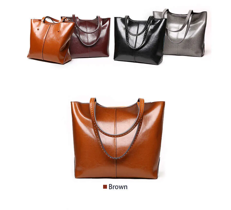 Zency Soft Cowhide Leather Fashion Women Shoulder Retro Brown Tote Handbag Large Capacity Lady Shopping Bag Black Grey_voghion.com