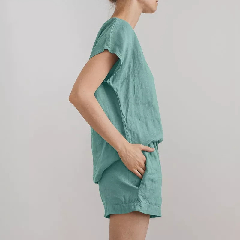 Women's spring short-sleeved urban cotton and linen brown retro fashion casual solid color tops and shorts set_voghion.com