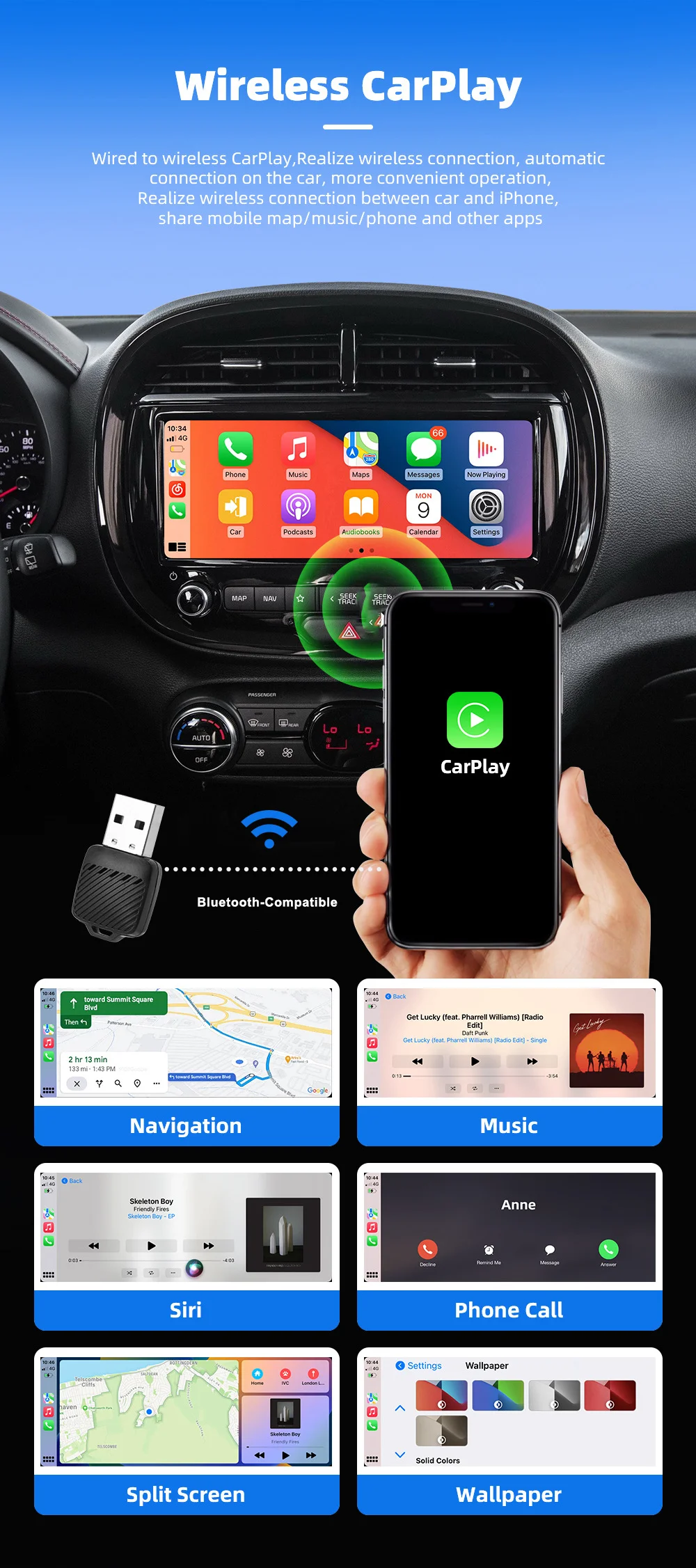 2-in-1 kabelloser CarPlay- und Android-Auto-Adapter, Kfz-Dongle mit automatischer Verbindung, Plug & Play für iPhone und Android-Geräte (werkseitig verkabelt)._voghion.com