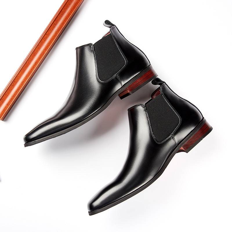 2024 Nuevas botas de otoño/invierno para hombre, botas cortas de cuero genuino, botas de vestir de negocios, botas de cuero de caña alta con cabeza cuadrada pequeña y doble elástico