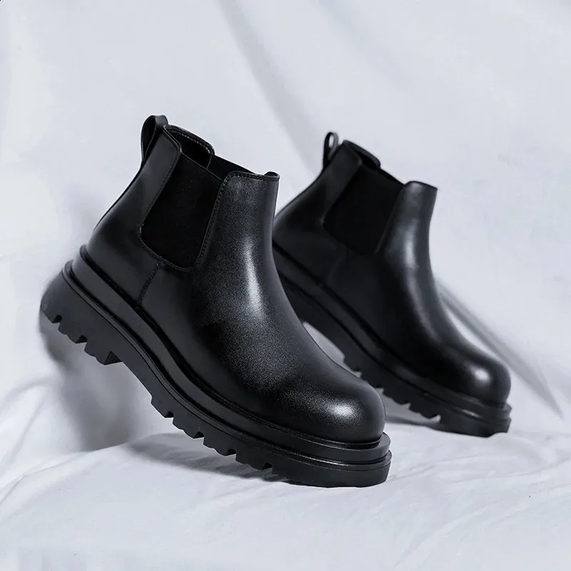 Men's Platform Chelsea Boots Leather High Top Elevator Shoes_voghion.com