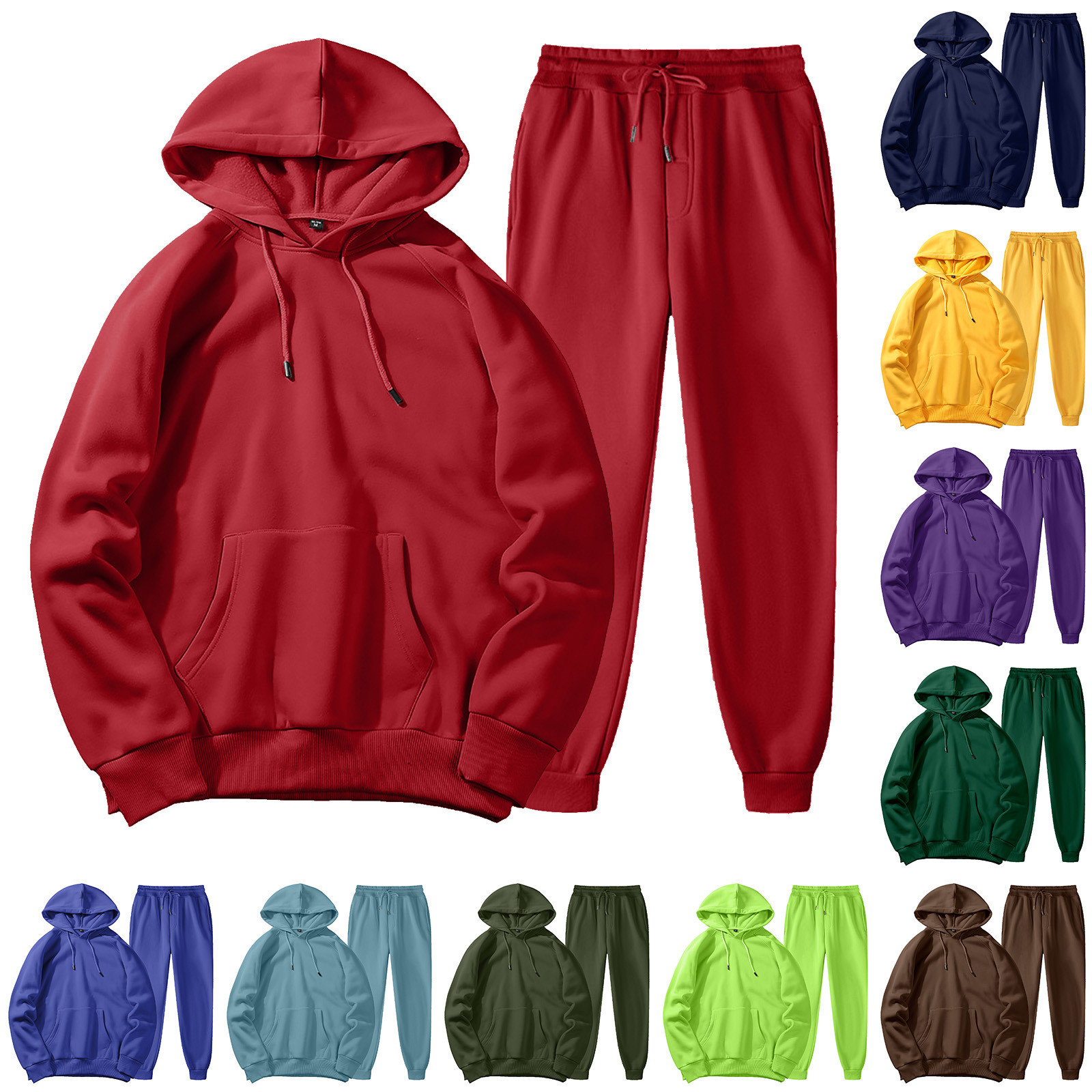 Women's Clothing Autumn and winter men's hooded solid color light plate pullover sweatshirt set casual sports hoodie sweatshirt trousers two piece set