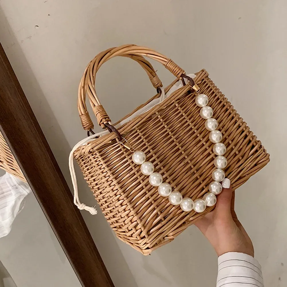 Damen Stroh und Handtaschen Sommer Rattan Handgemachte Tragetaschen Damen Bänder Sommer Strandkorb Perlen Reisetasche_voghion.com