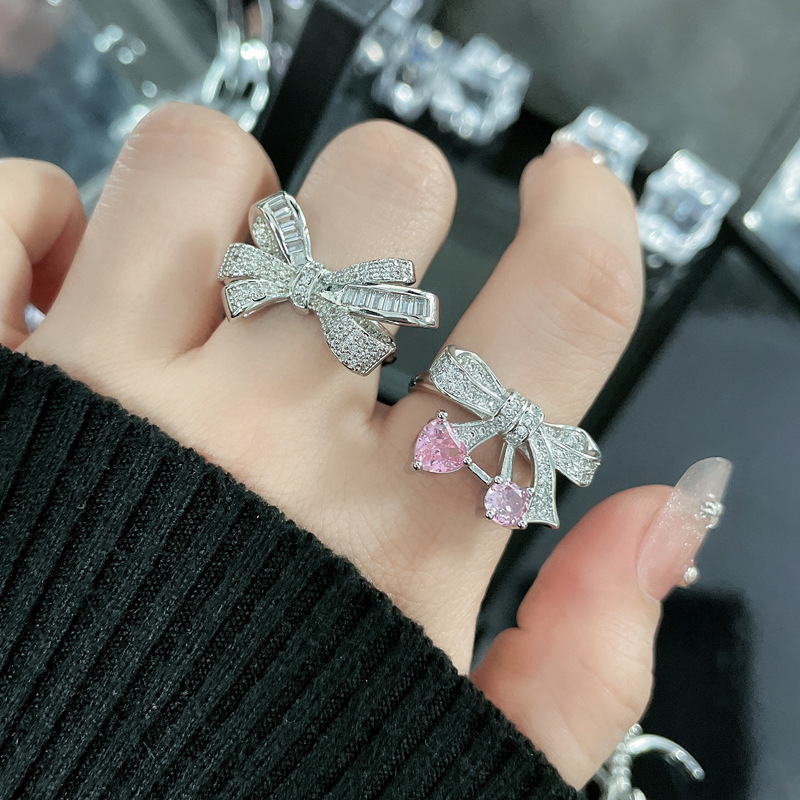 High end Light Luxury Full Diamond Zircon Bow Sweet Cool Open Female Instagram Cold Elegant Elegance Small and Popular_voghion.com