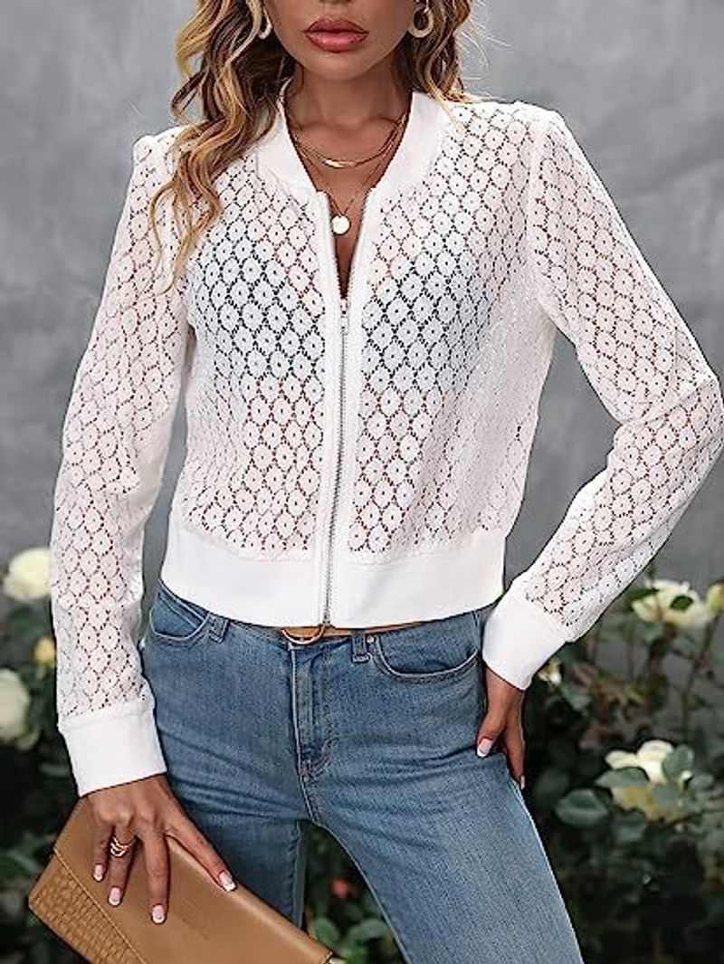 Women's clothing transparent lace long-sleeved zipper front baseball collar pilot jacket cross-border outerwear_voghion.com
