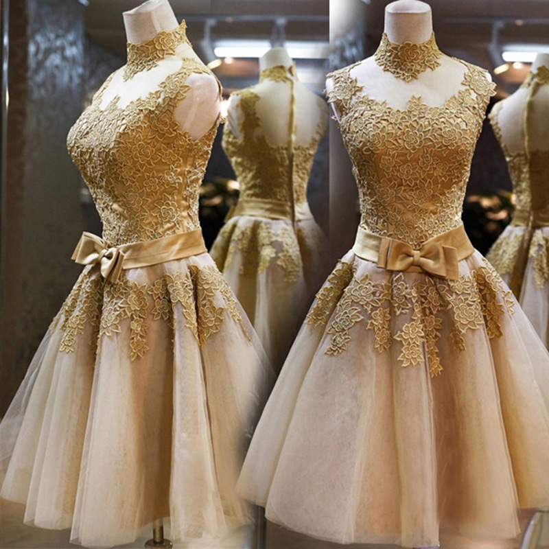 Women's Clothing Medium Length Evening Dress Golden Short Skirt Dinner Middle Aged Host Small Dress