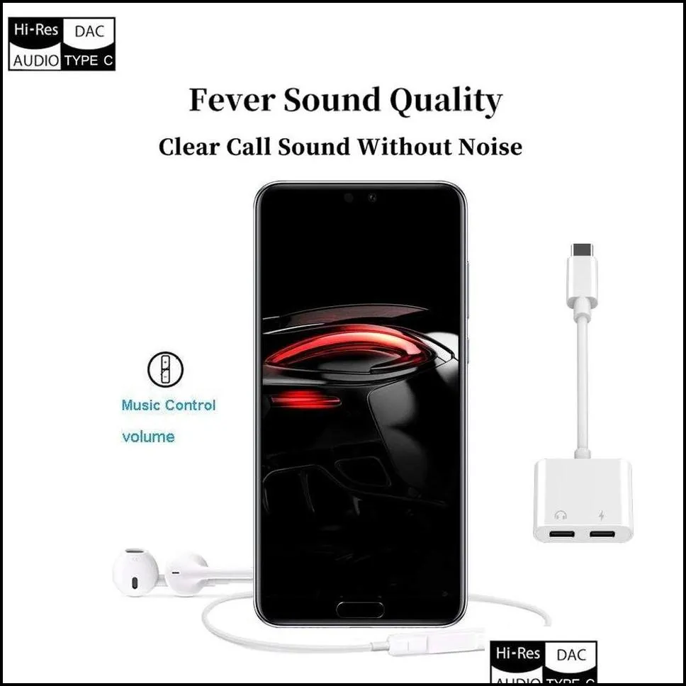 Cell Phone Cables Charger Adapter 2 In 1 Usb C To Headphone Audio Noise Cancelling For Smart Mobile Phone289T Drop_voghion.com