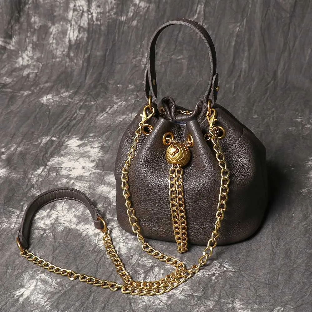 LUOKIR Nuovo Metallo Drstring Versatile Borsa da Donna Vera Pelle Catena Tracolla Vintage Secchiello Borsa Cellulare_voghion.com