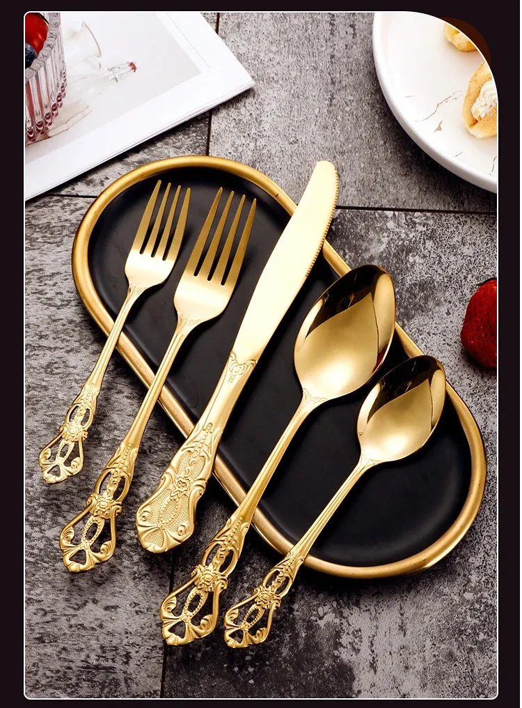Conjunto de talheres de aço inoxidável dourado, colher, garfo e faca de bife europeus, retrô, oco, louça, talheres_voghion.com