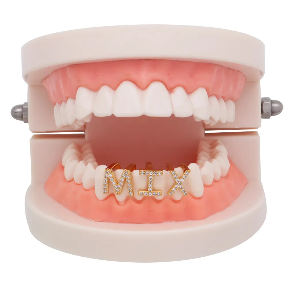 Weißgold Iced Out A-Z Custom Letter Grillz Volldiamant DIY Fang Grills Untere Zahnkappe Hip Hop Dental Mund Zähne_voghion.com