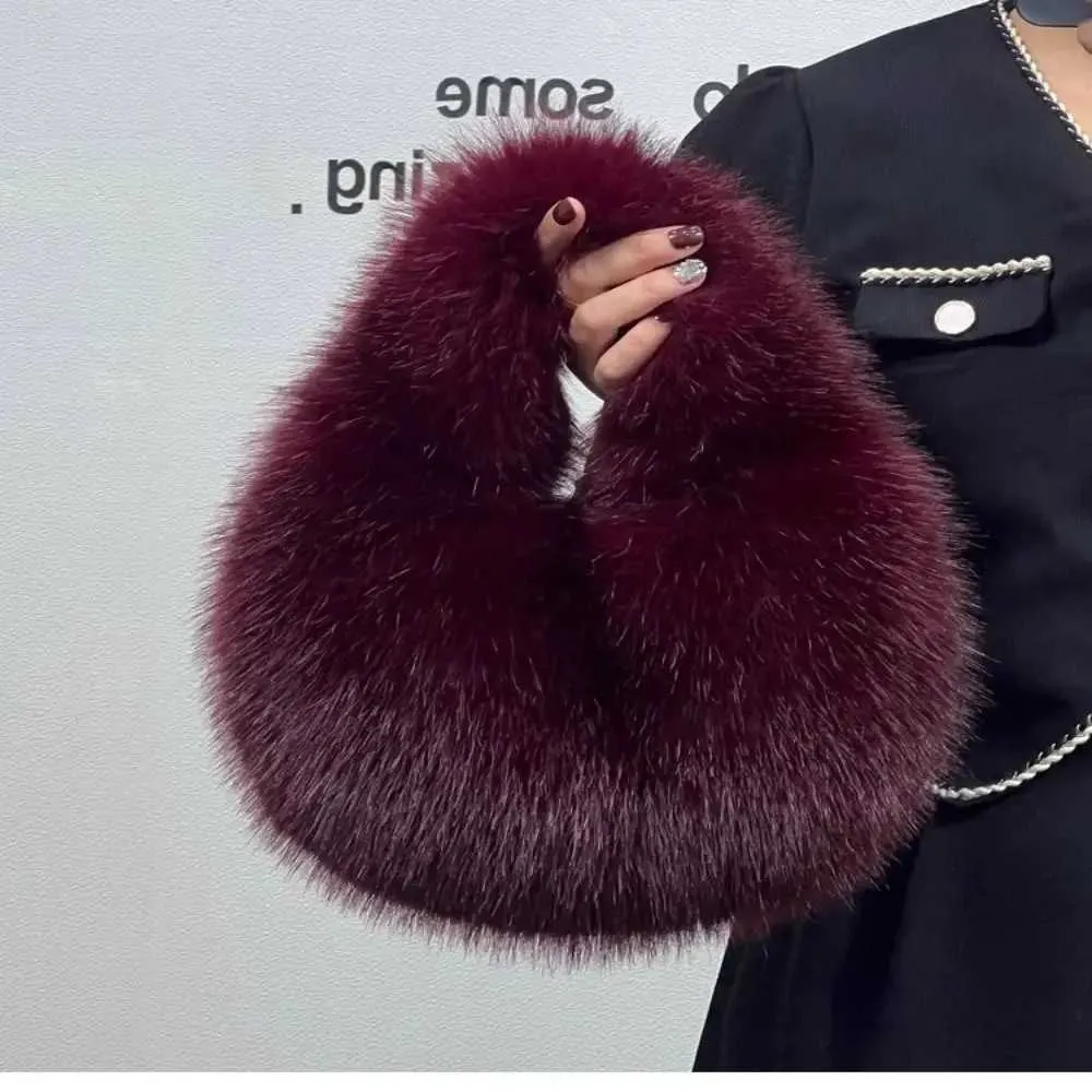 Designer Bag soft plush half moon fluffy party clutch bag handbag womens winter wallet artificial fur casual Y241115_voghion.com
