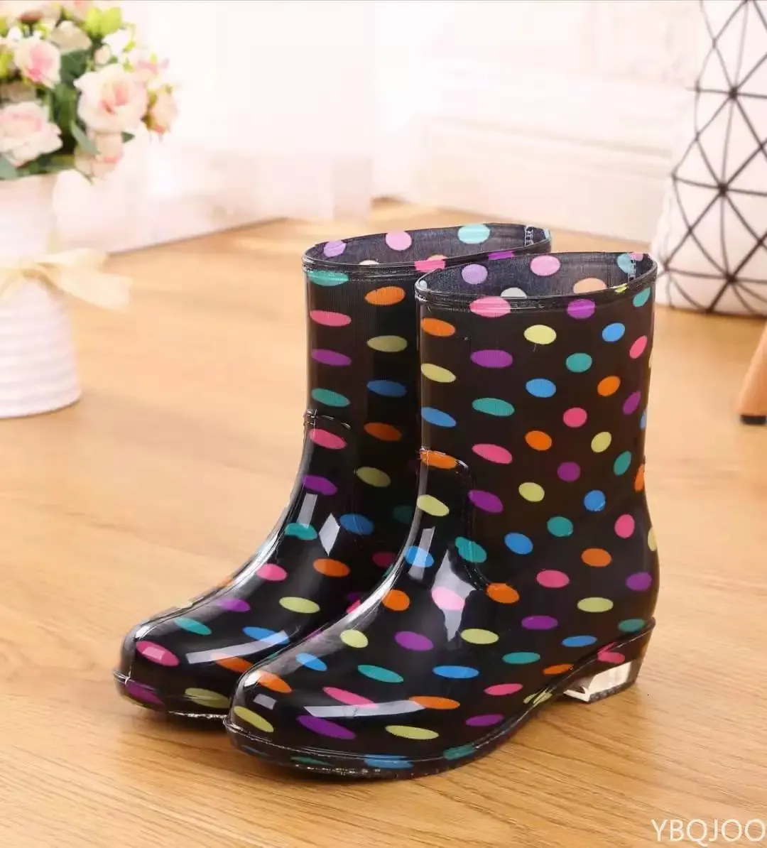 Printed for women work anti and non slip PVC waterproof shoes mid calf rain boots 241031_voghion.com