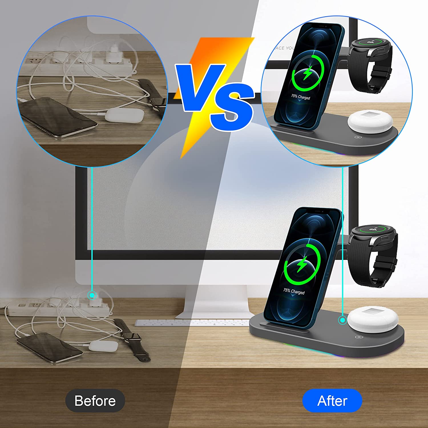 3 an 1 Kabellos Ladestatioun fir Samsung S23/S22/S21/S20/ Schnellladung fir Galaxy Watch5Pro4 3 Classic Active 2 LTE Buds Pro_voghion.com