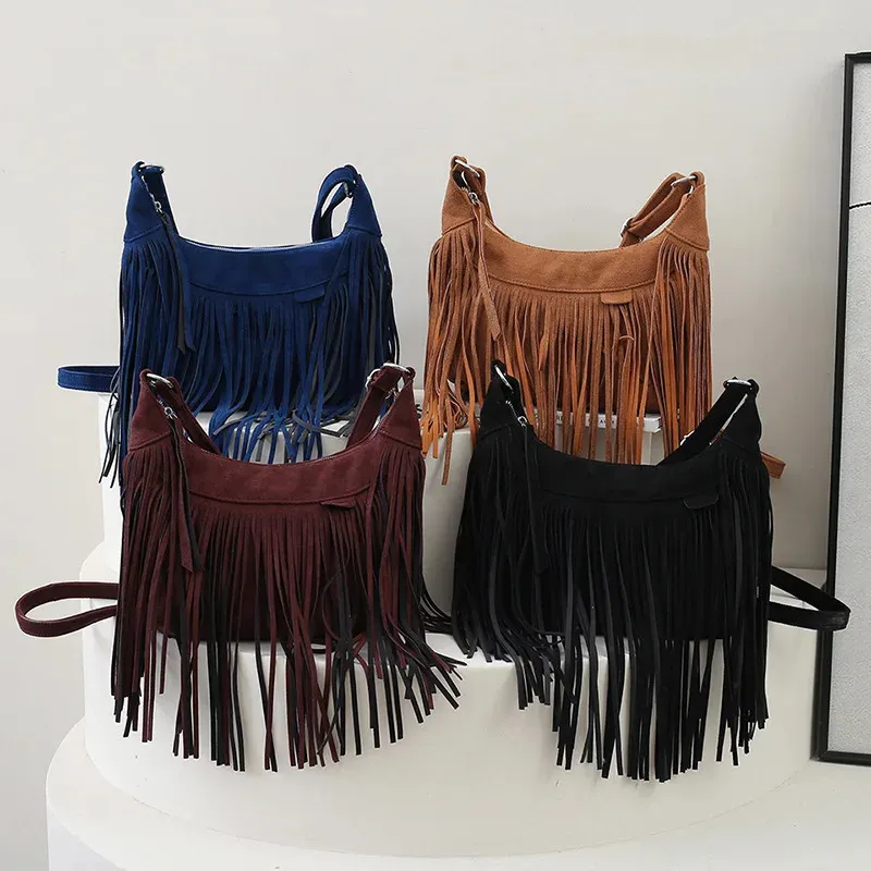 Borse a tracolla in pelle scamosciata con nappe e frange da donna 2024 Borsa a tracolla da donna alla moda Borsa a mano Tote Marrone Nero_voghion.com