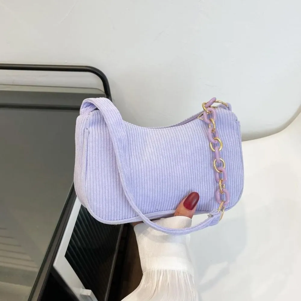 Hobo Chain Corduroy Shoulder Bag Korean Style Solid Color Crossbody Storage Makeup Lipstick Veet Underarm_voghion.com