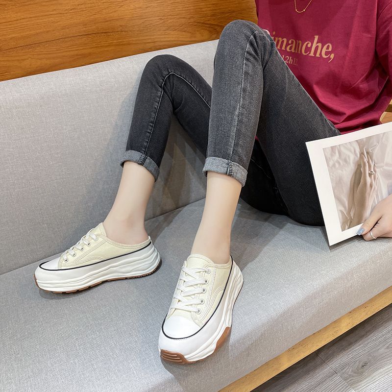 Pantofole casual in tela con lacci e stile Baotou, metà nuovo, primavera-autunno, moda donna 2023_voghion.com