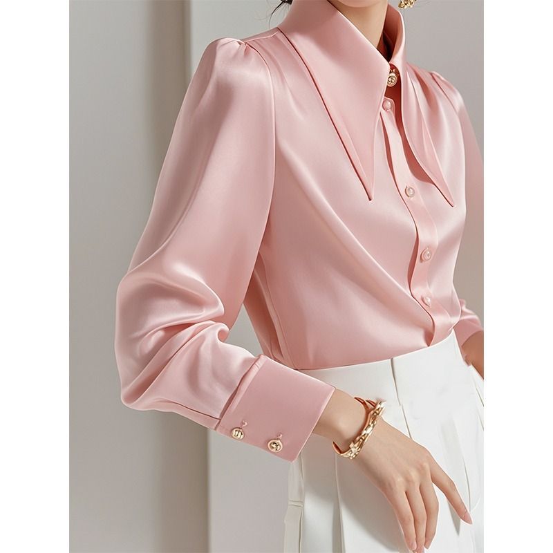 Vêtements pour femmes La belle petite chemise populaire est unique et exquise, légère et luxueuse, haut de gamme, belle chemise en satin acétate rose automne