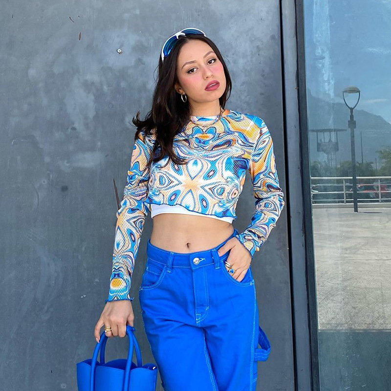 D22TP354 Autunno Nuovo 2024 Girocollo Maglione Manica Lunga Maglia Stampata Ombelico Aperto Top T-shirt Donna_voghion.com